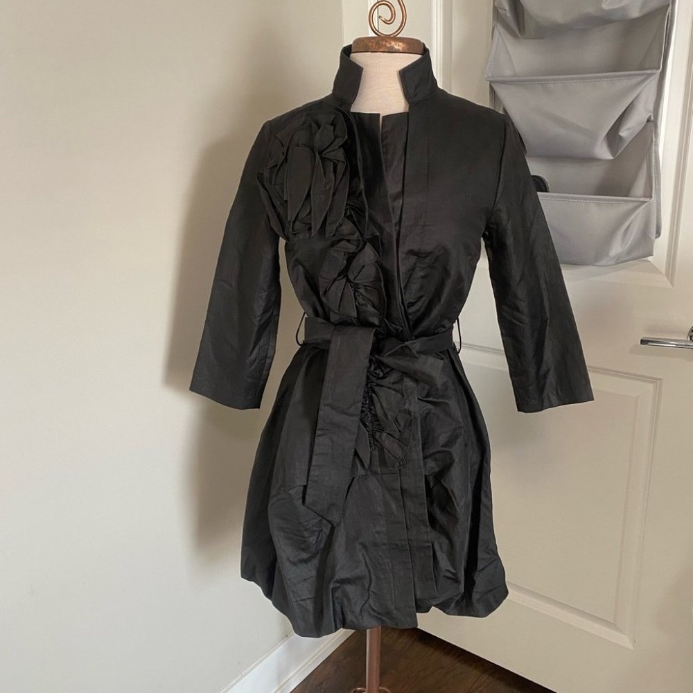 Ryu black trench coat ruffle flower origami art to wear small